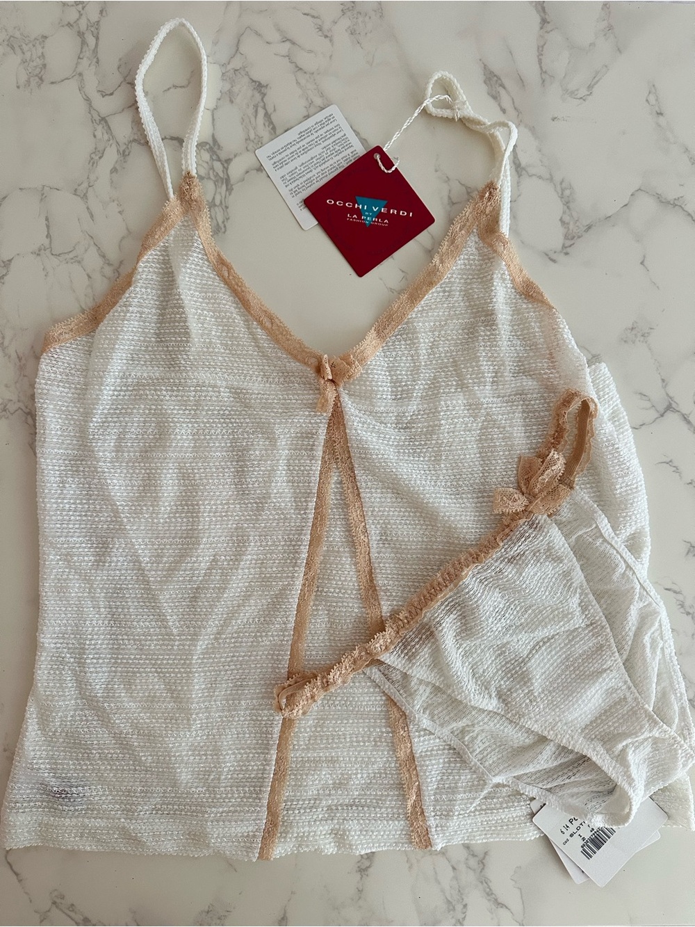NWT La Perla White & Tan Lace-Trim Cami Set